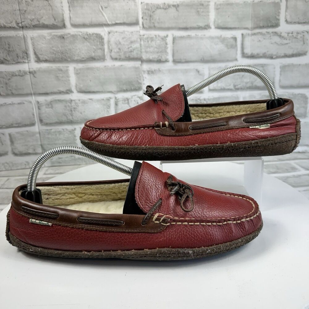 L.L. Bean Women's Size 10 Red Leather Moccasin Shearling Lined Slippers Shoes
